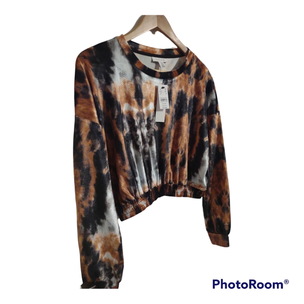 Topshop Women's Tie Dye Long Sleeve Stretch Velvet Top In Orange Multi - Picture 3 of 6